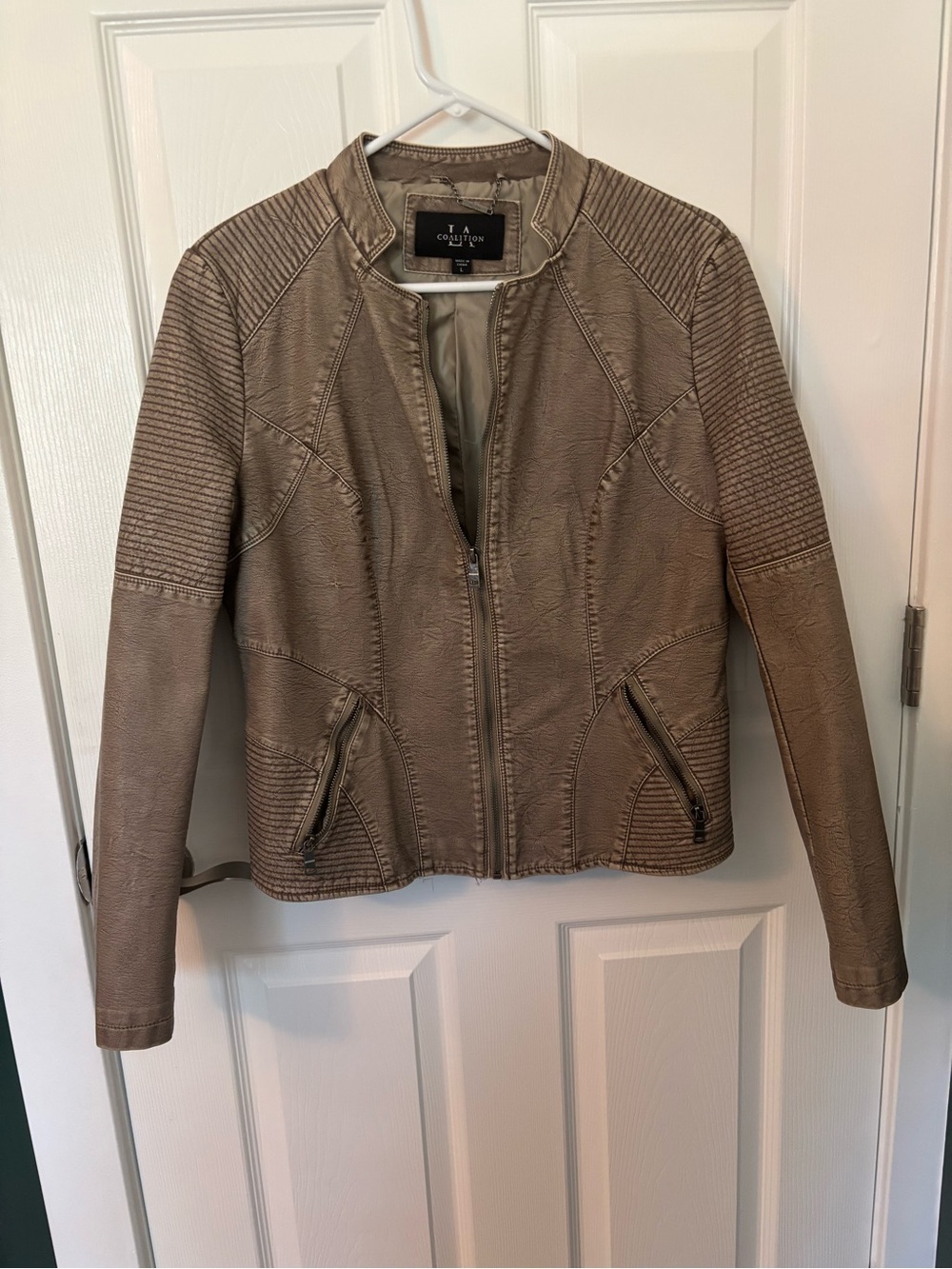 LA Coalition Faux Leather Moto Jacket Bronze Metallic Ribbed Zip Womens L